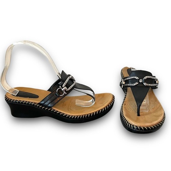Minnetonka Shoes - Minnetonka Leather Cushioned Slide On Western Wedge Sandal Size 9 Silver Buckles